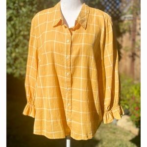 Yellow and White Button Down Blouse with Ruffle Sleeves